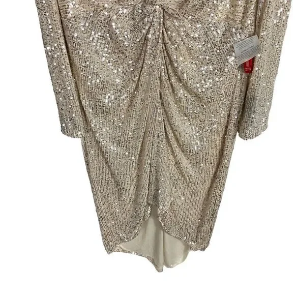 Ieena Mac Duggal Dress WMNS 16 Gold Sequin Knotted Long Sleeve Midi 26549 Plunge - Picture 3 of 11
